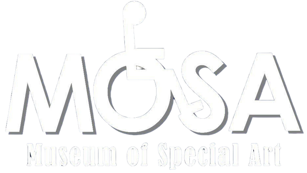 Logo for Museum of Special Art, white text with a wheelchair symbol in 