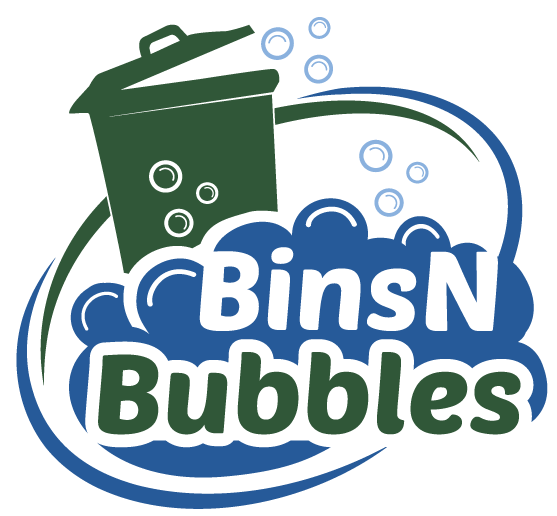 A logo for bins n bubbles with a green trash can and bubbles