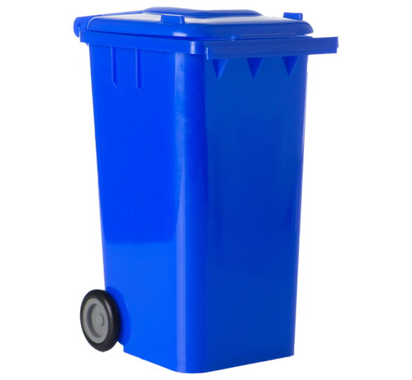 A blue trash can with wheels on a white background