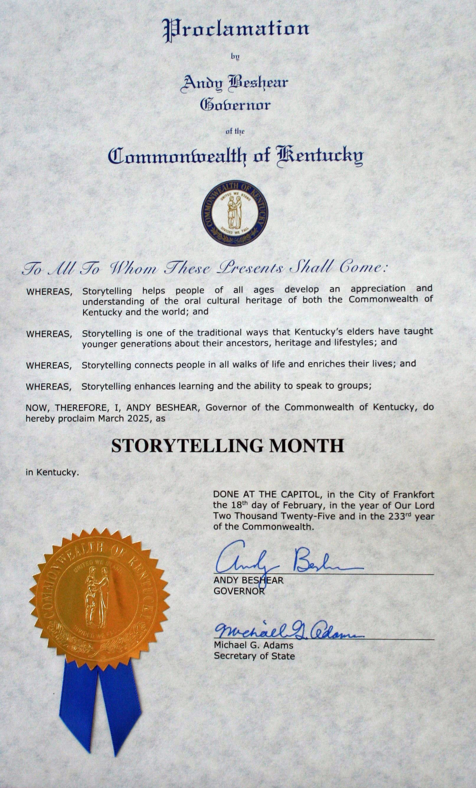 Kentucky Storytelling Month Proclamation from Governor Andy Beshear