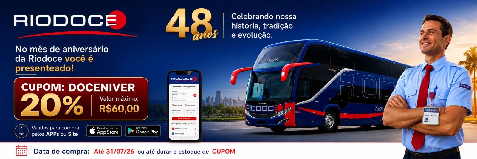 Banner para o 48º aniversário da ADOCC apresentando quatro vagões decorados sob um céu de pôr do sol.