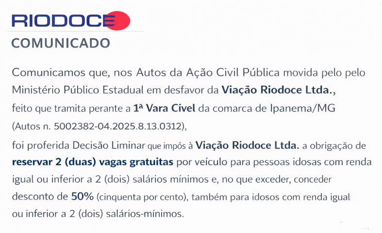 Aviso da Riodoce Comunicado em fundo branco com texto informando decisão judicial e reservas de vagas grátis.