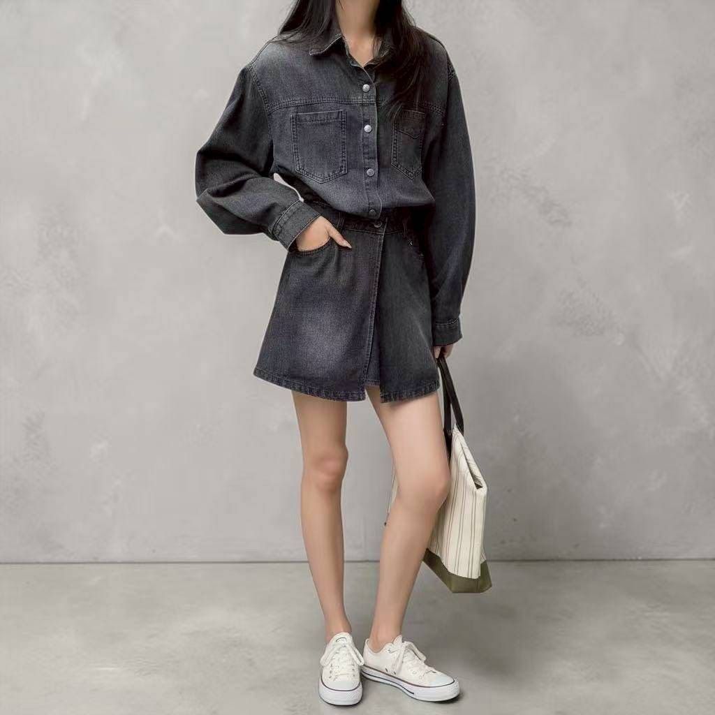 牛仔長襯衫+一片式圍裙套裝