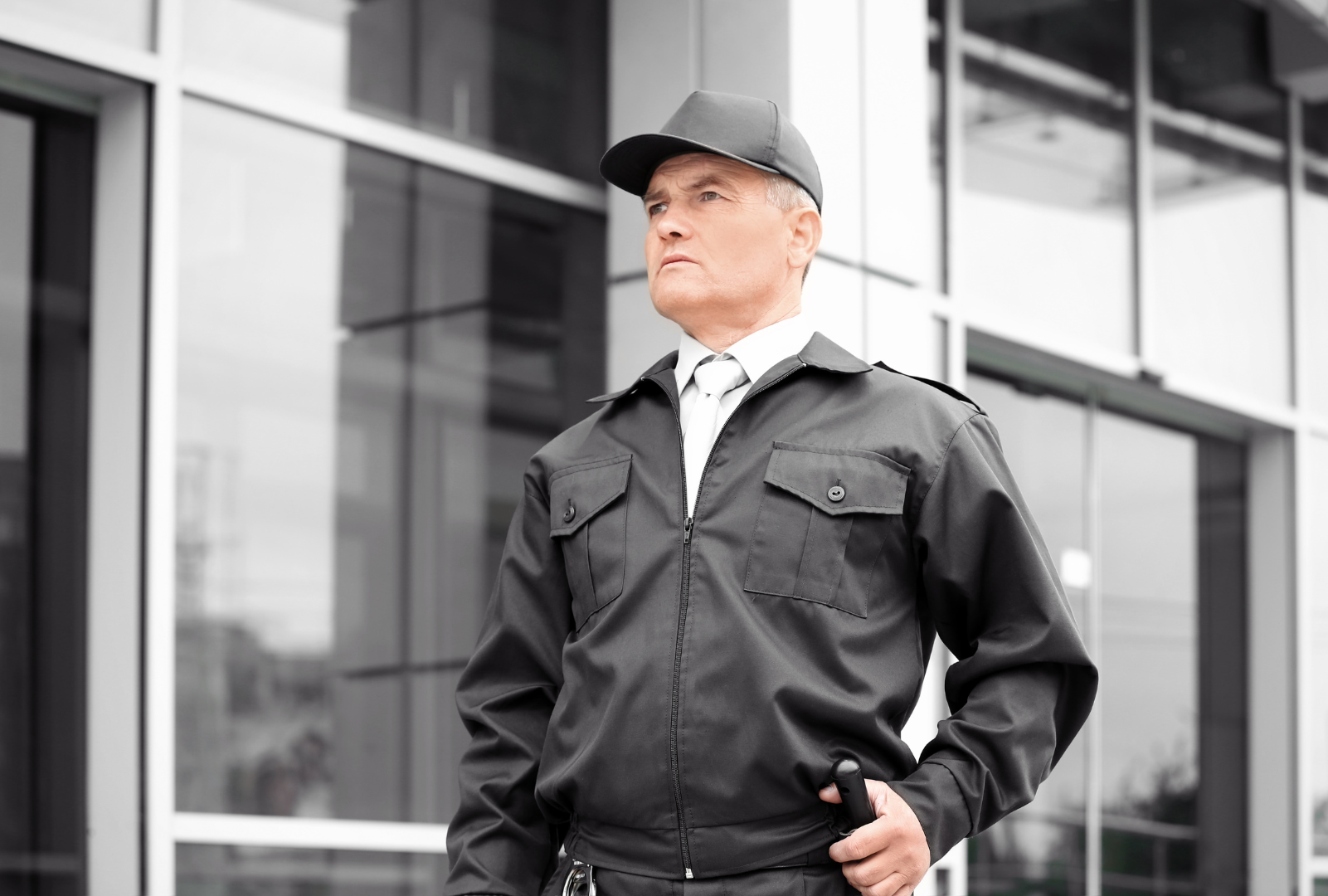 A man in a black jacket and hat is standing in front of a building.