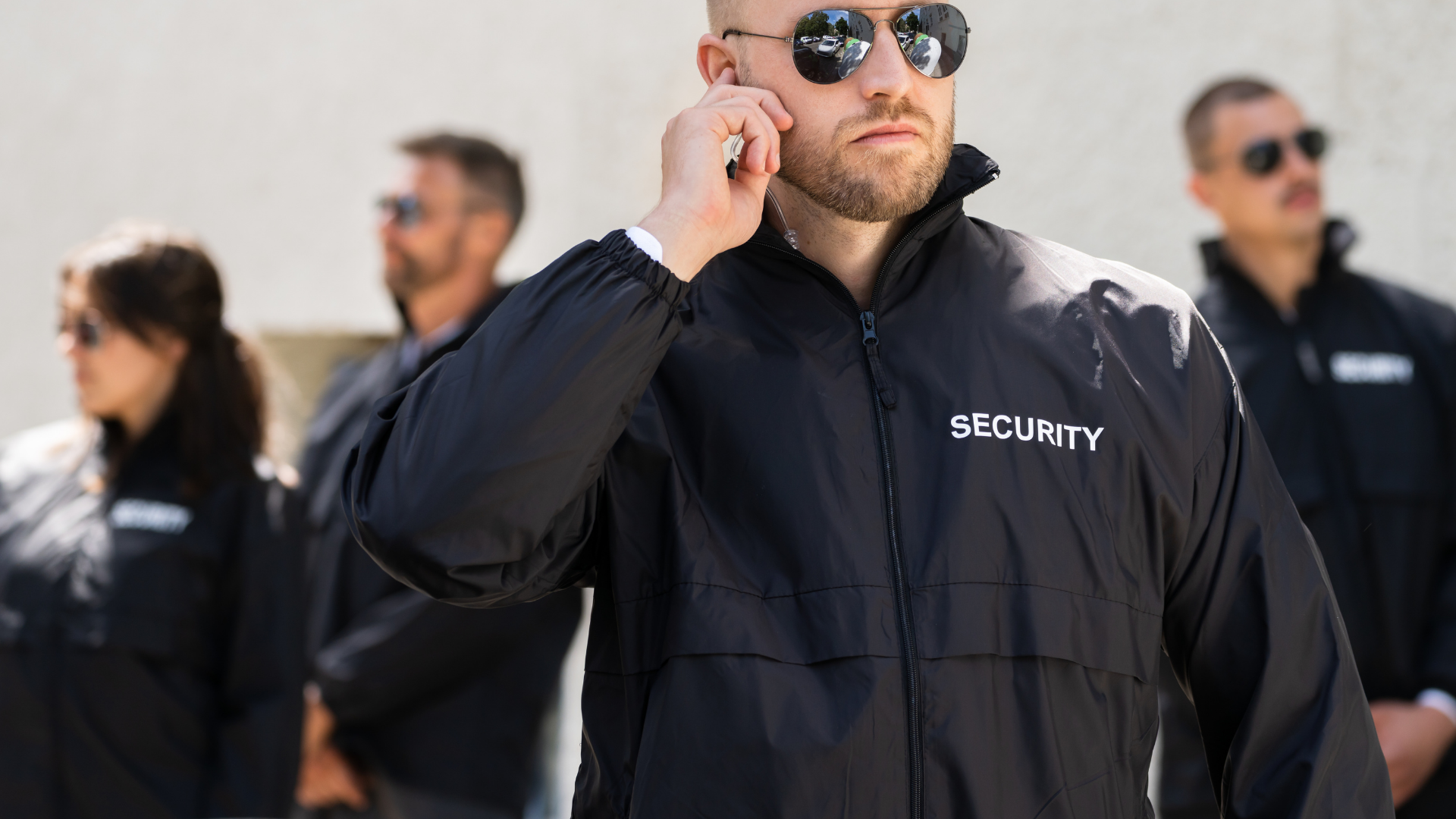 A man wearing sunglasses is talking on a cell phone while standing in front of a group of security guards.