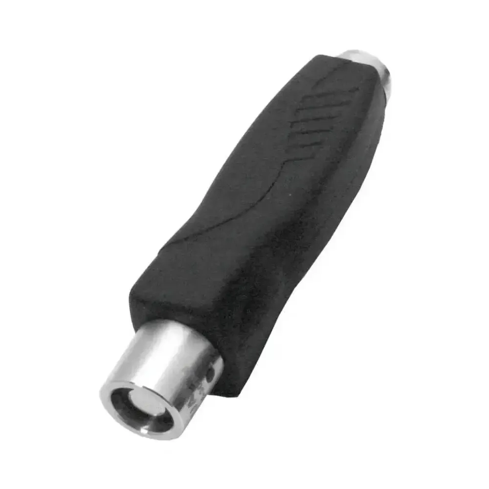 A close up of a black and silver object on a white background