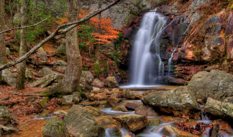 A waterfall in the middle of a forest surrounded by rocks and trees.