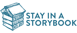 The logo for stay in a storybook shows a stack of books in the shape of a house.