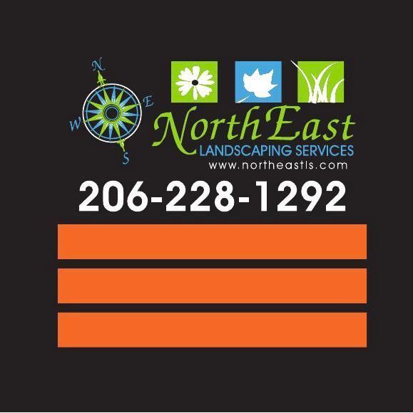 Logo for North East Landscaping Services with a compass, floral, leaf, grass icons, and phone number.