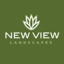 Logo for New View Landscapes: Green background, stylized white plant icon, text