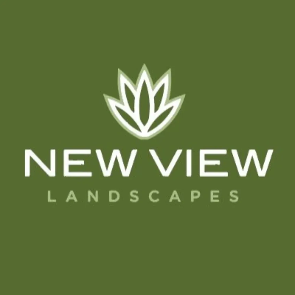 Logo for New View Landscapes: Green background, stylized white plant icon, text