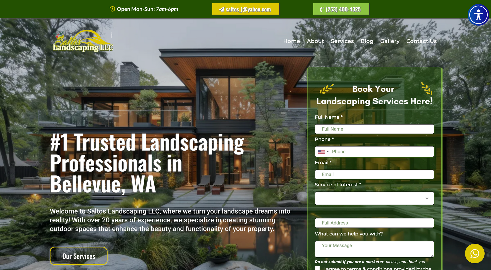 Website for landscaping company: luxurious home with booking form.