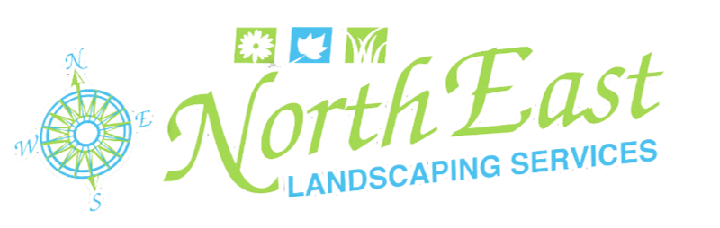 Logo of North East Landscaping Services, with compass, floral and grass icons, and company name in green.