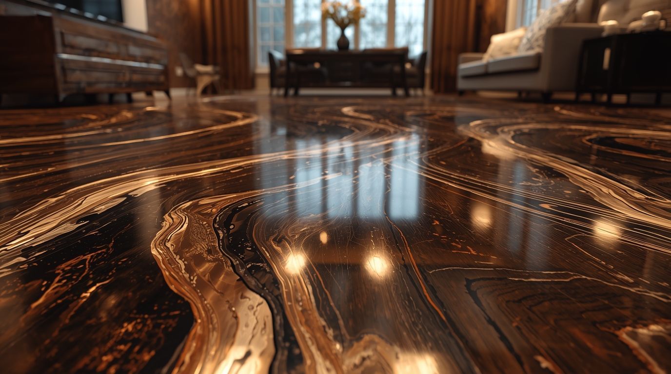 Person kneeling, applying yellow epoxy flooring with a trowel in a garage.