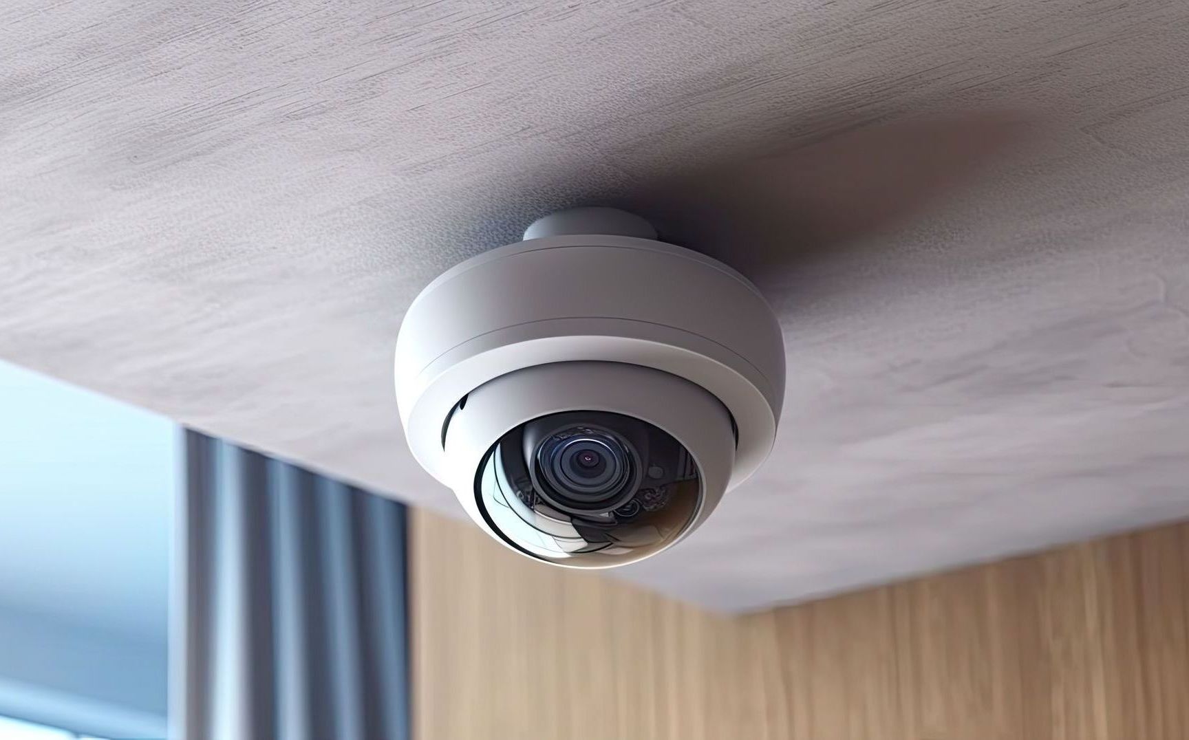 A security camera is hanging from the ceiling of a room.