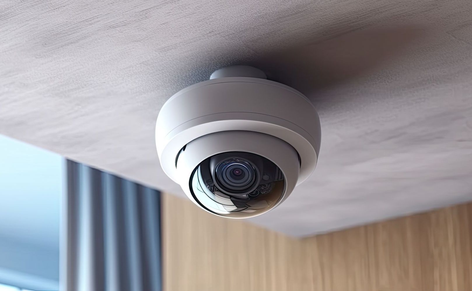 A security camera is hanging from the ceiling of a room.