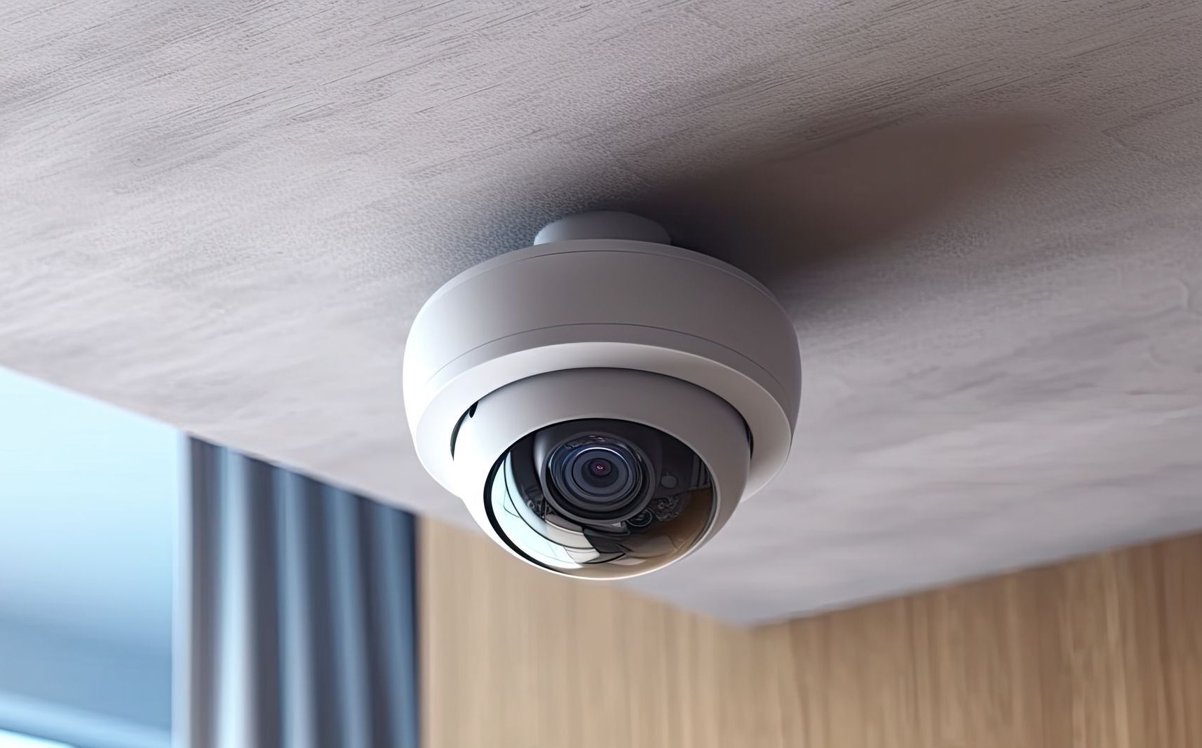 A security camera is hanging from the ceiling of a room.