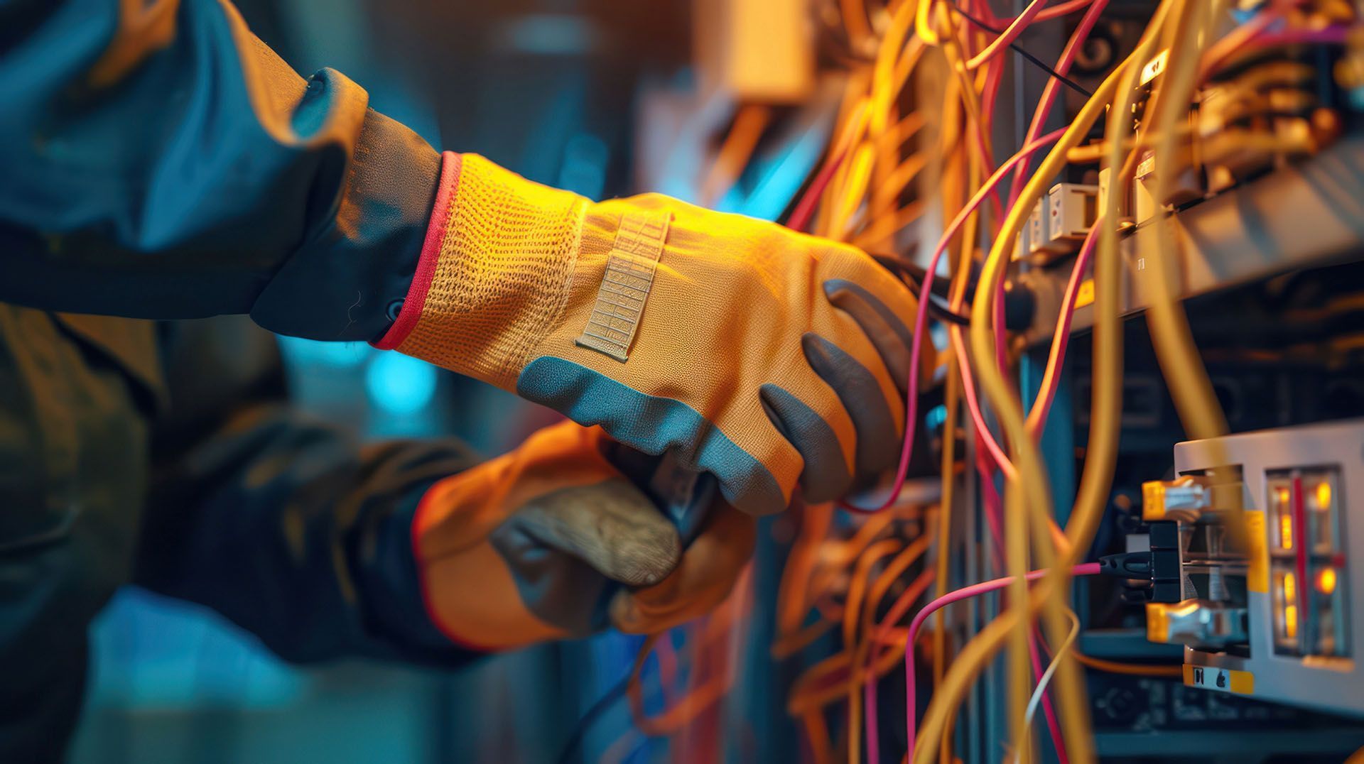 A man wearing gloves is working on circuit breakers.