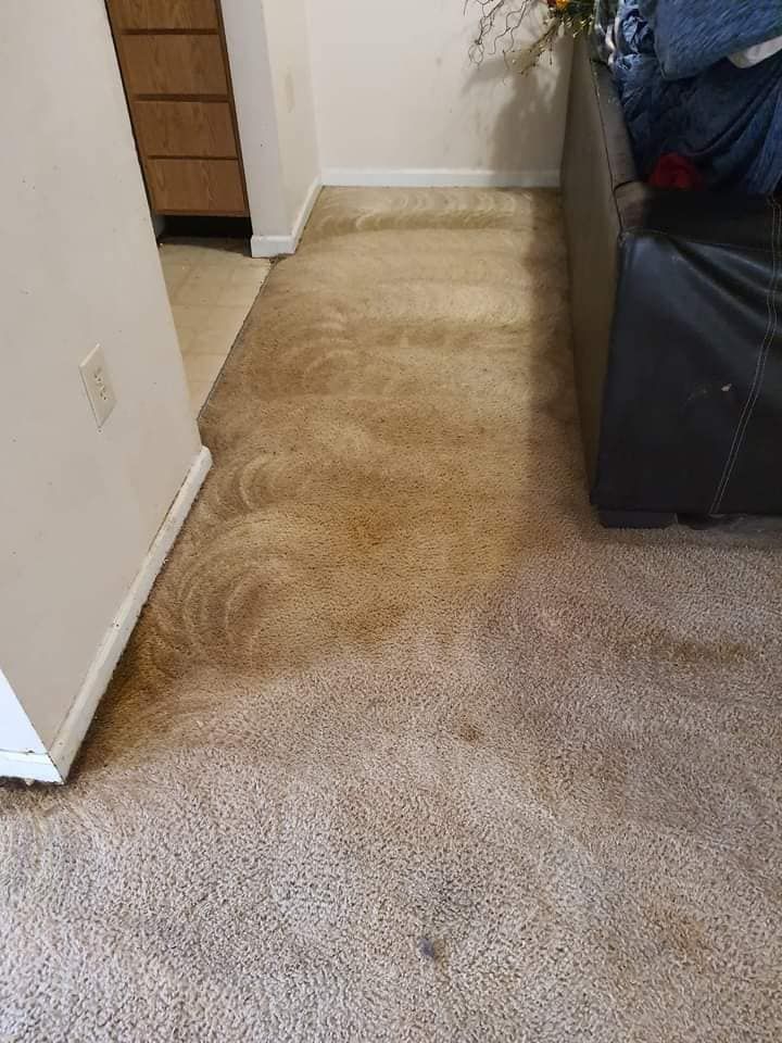 A dirty carpet in a living room next to a couch.