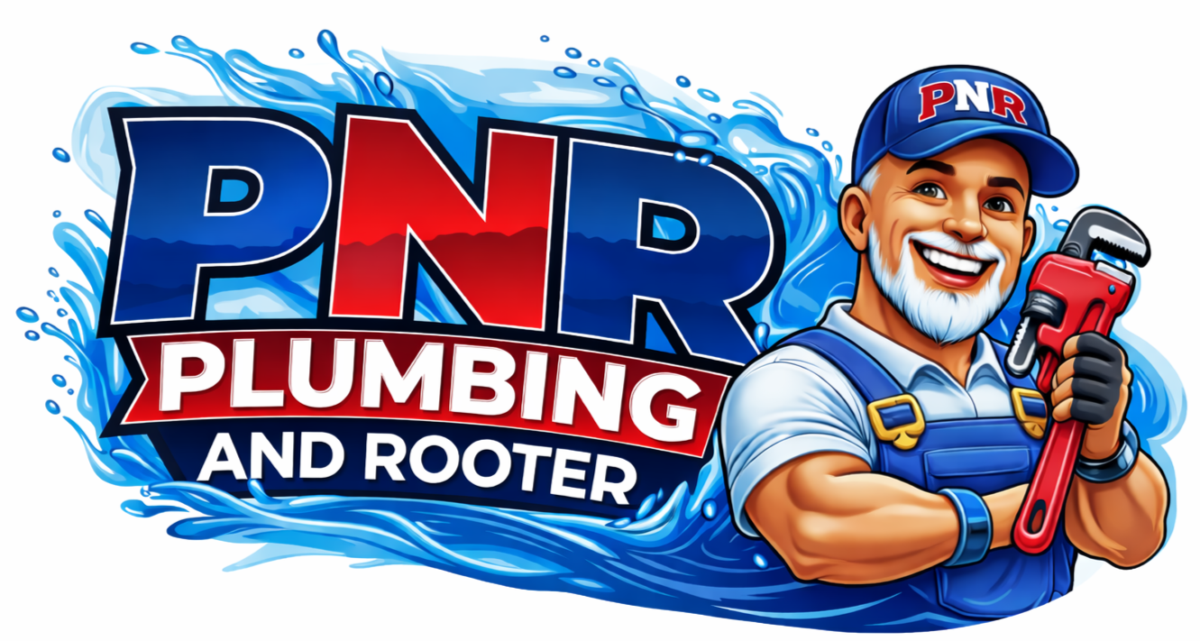 A smiling plumber holding a pipe wrench stands before a blue splash backdrop with the text "PNR PLUMBING AND ROOTER."