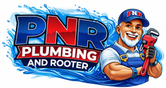 A smiling plumber holding a pipe wrench stands before a blue splash backdrop with the text "PNR PLUMBING AND ROOTER."