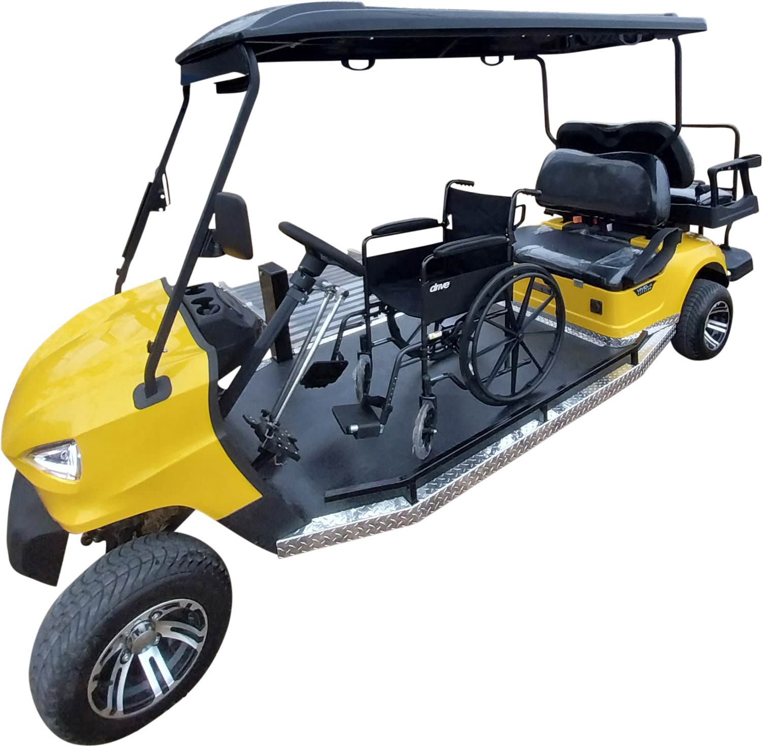 Drive a golf cart from your wheelchair - yellow RUNABOUT with hand controls from PHED MOBILITY