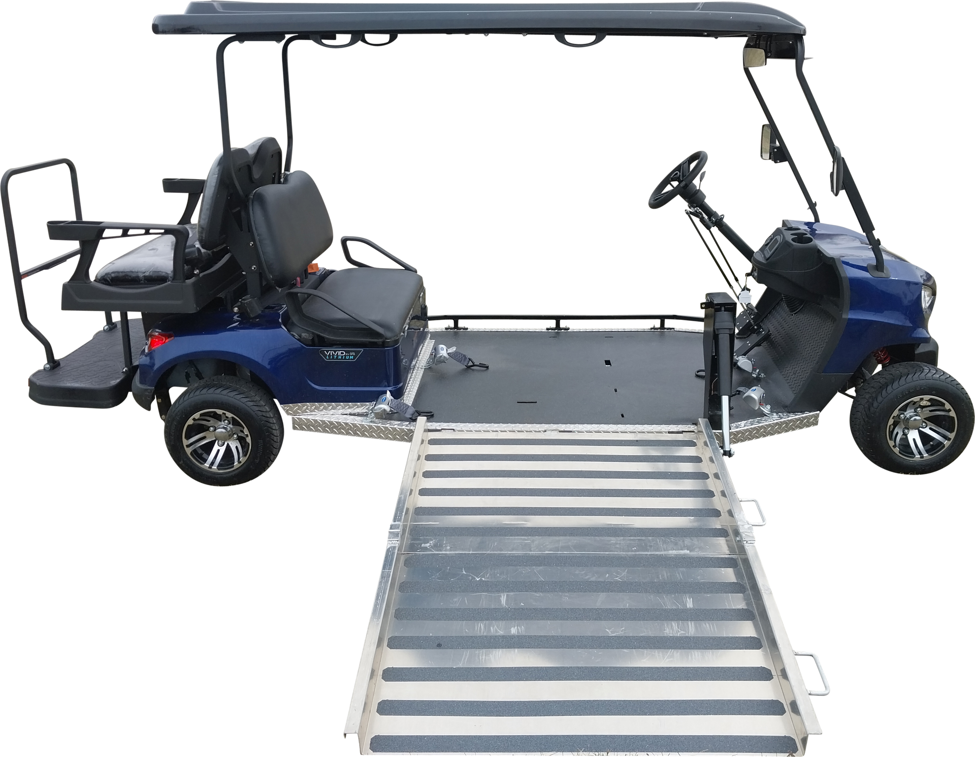 Sideview of a PHED Mobility RUNABOUT model where you can drive the golf cart from your wheelchair