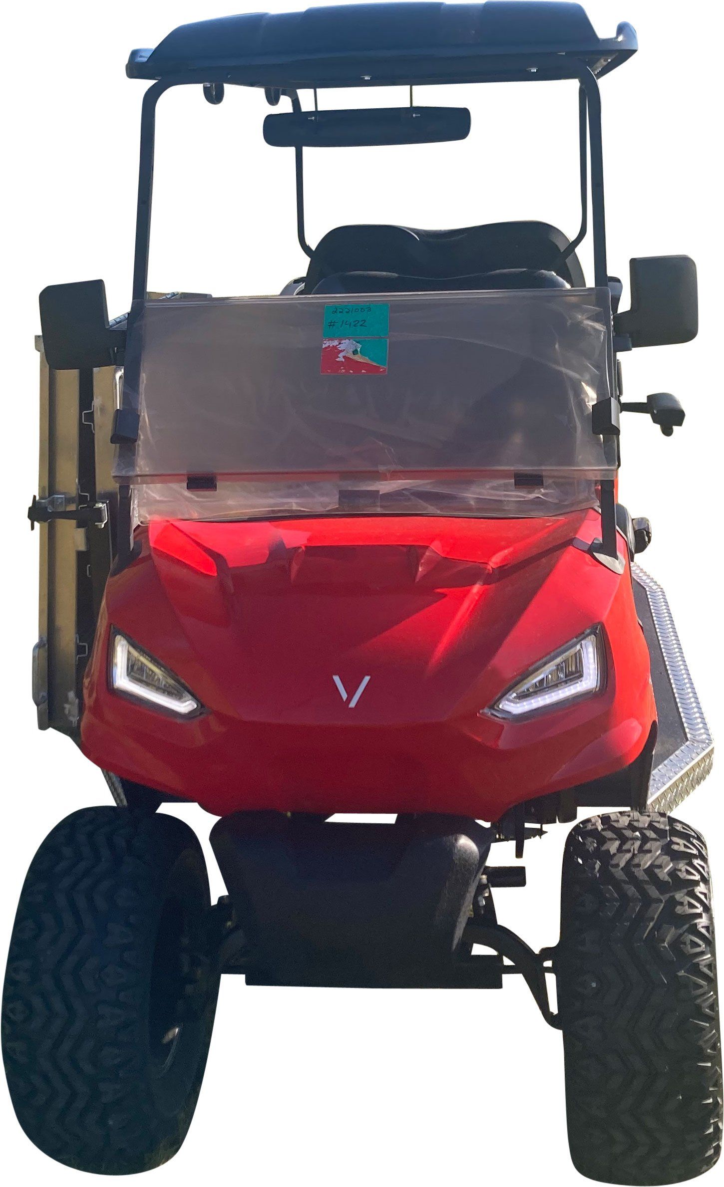Front of a red, lifted wheelchair golf  cart from PHED Mobility
