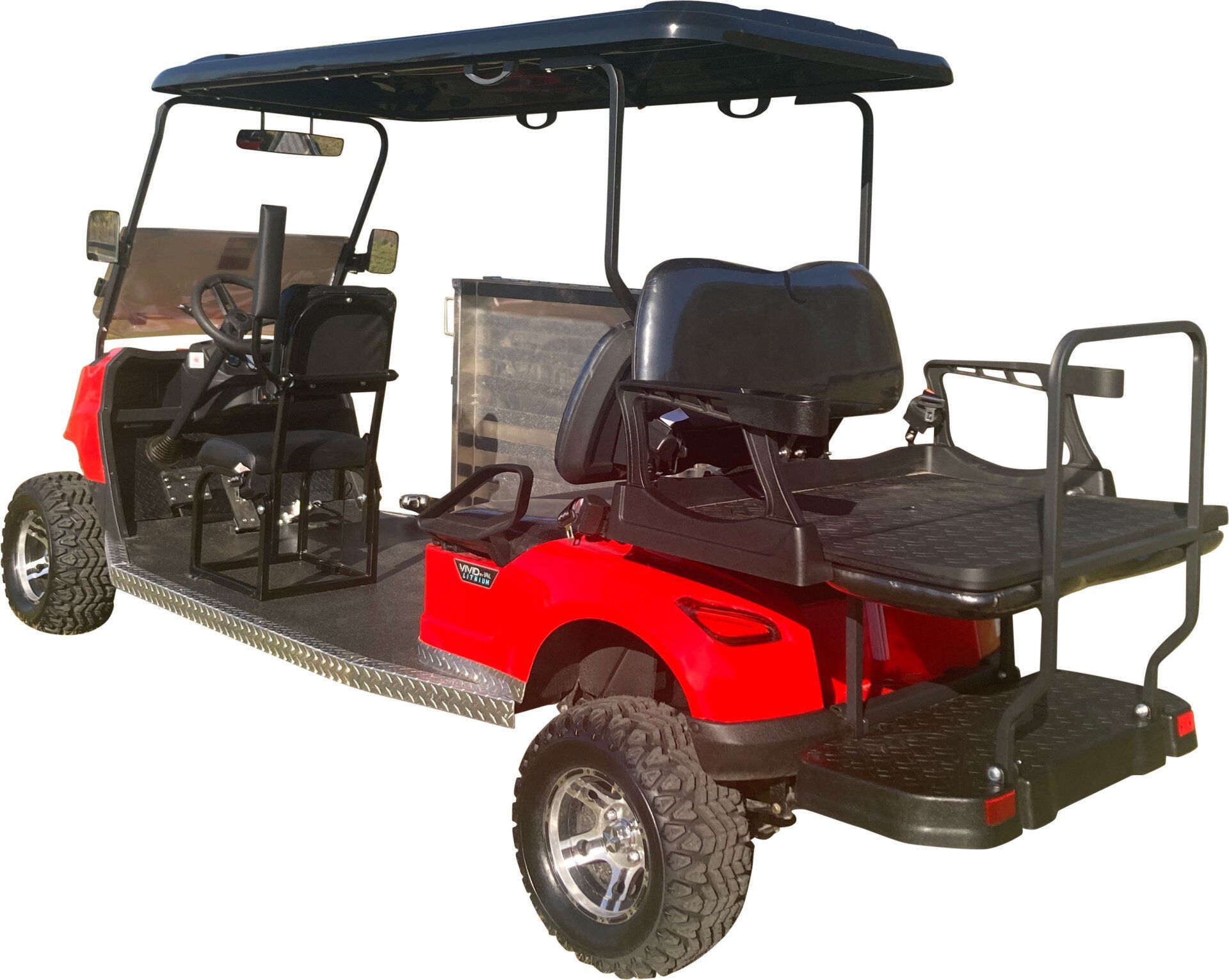 A red golf cart with black seats and a black roof