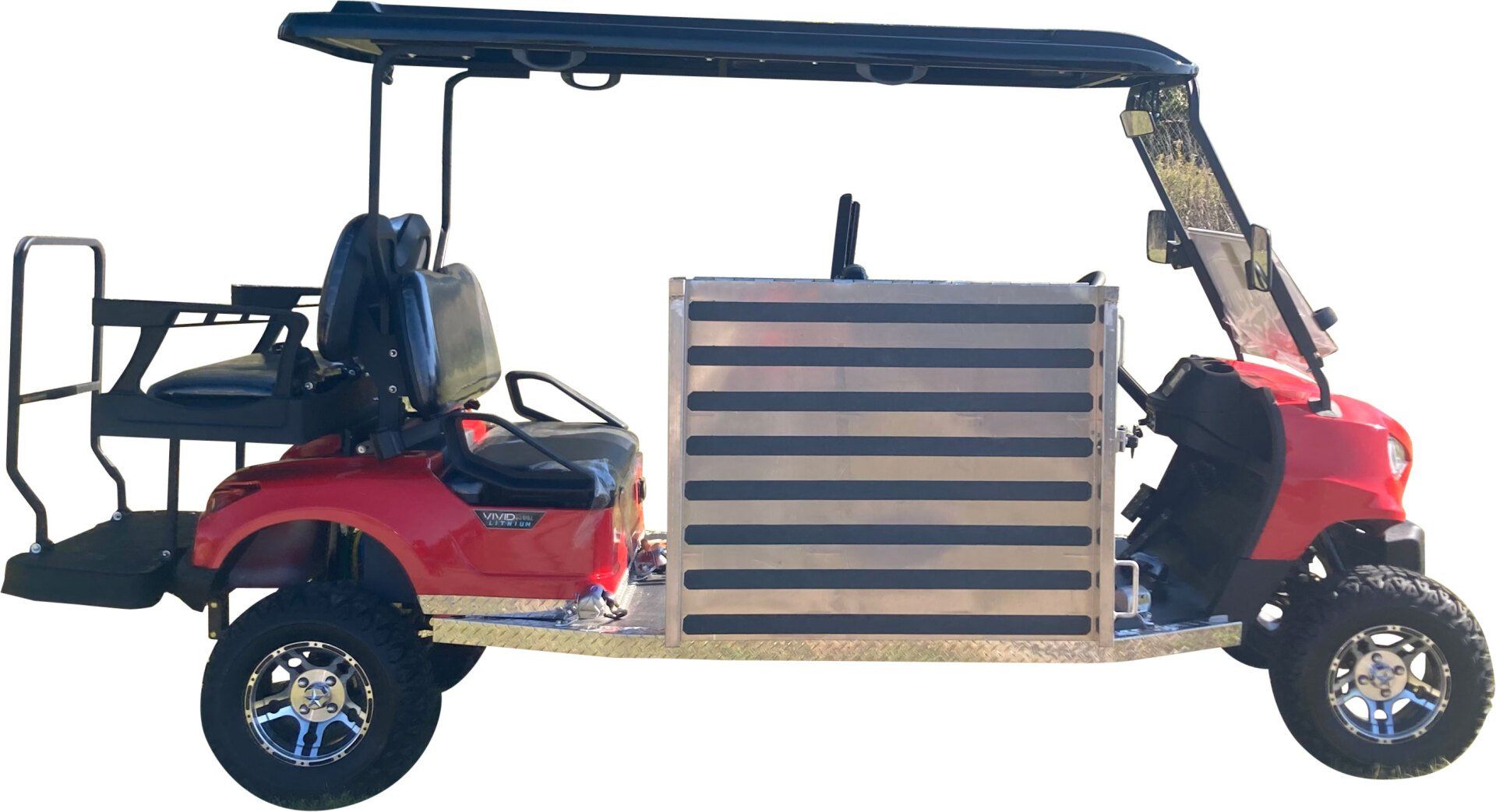 Side view of a red, lifted, electric wheelchair golf  cart from PHED Mobility