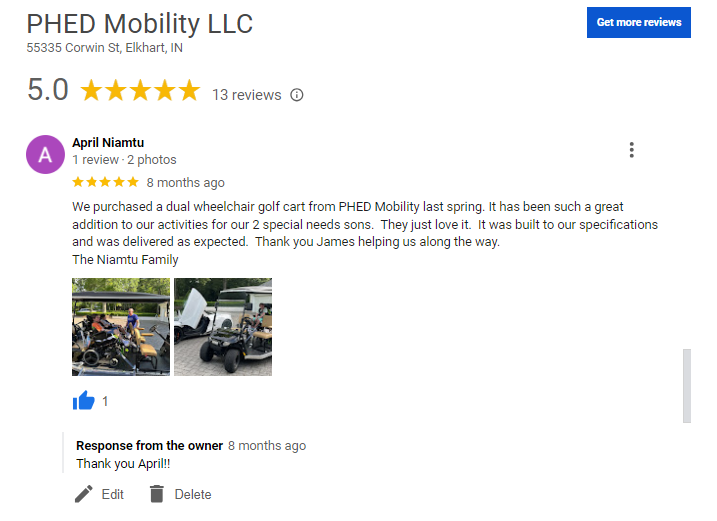 Five star Google review from a happy customer talking about their PHED Mobility dual wheelchair golf cart that they use for their two special needs sons.