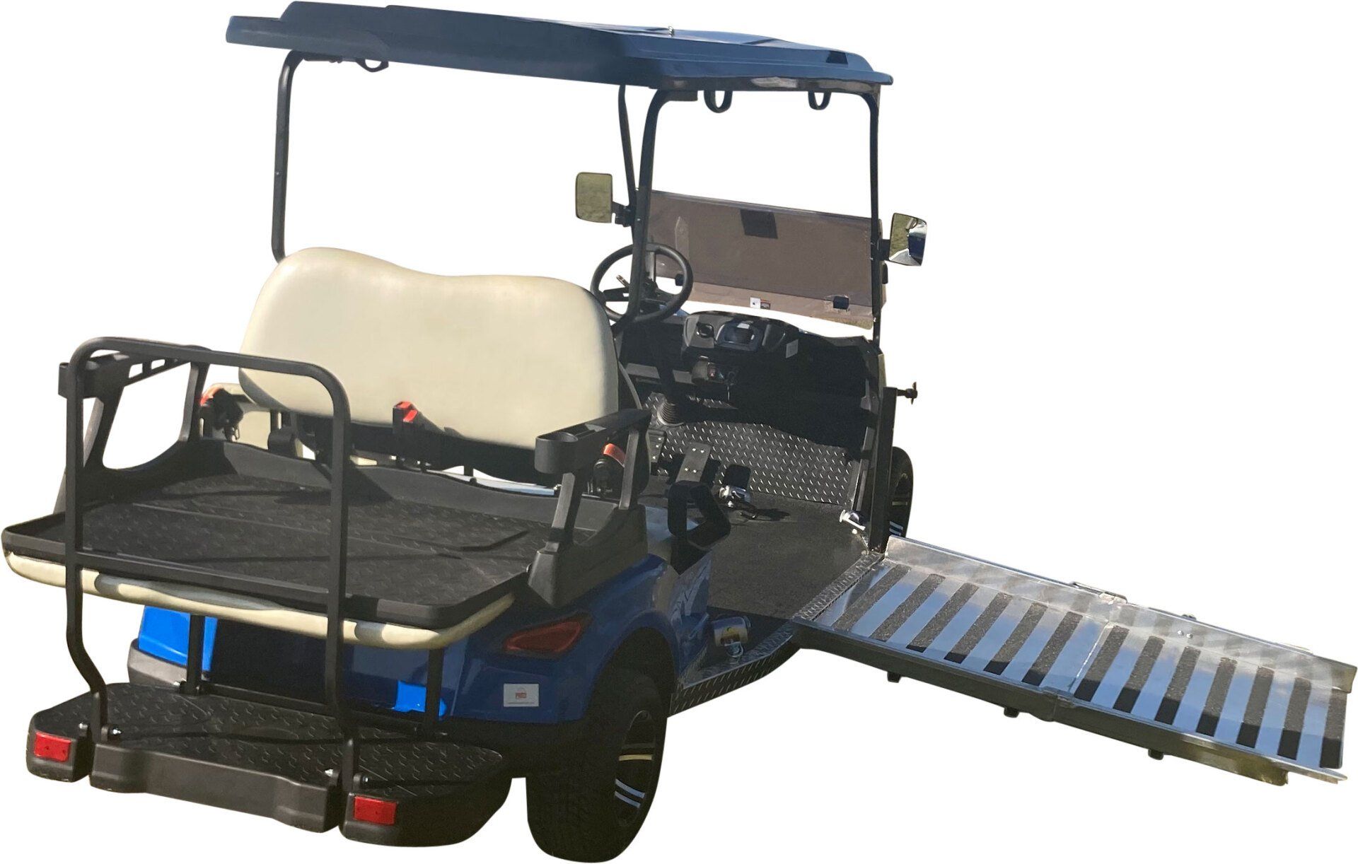 A blue golf cart with a ramp attached to it.