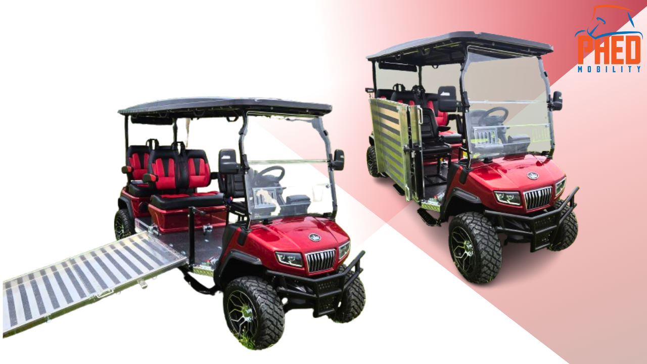 A red golf cart with a ramp attached to it.