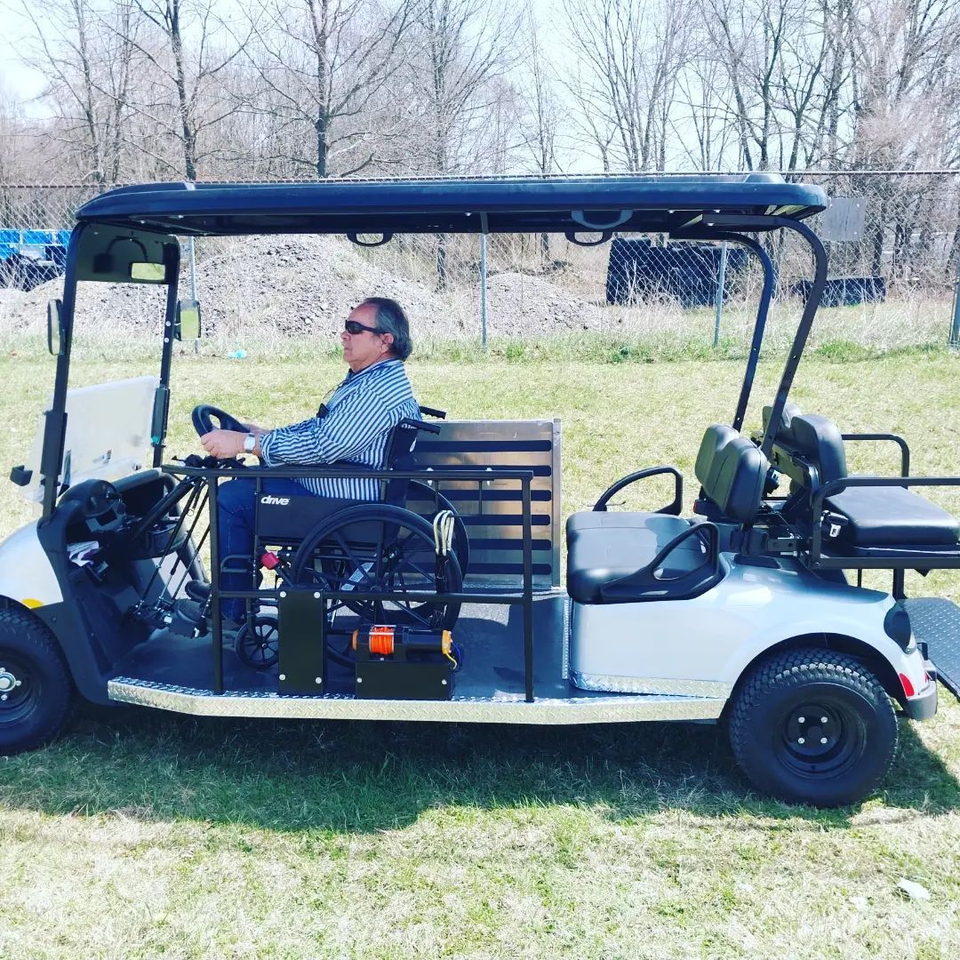 The RUNABOUT wheelchair golf cart by PHED Mobility allows wheelchair users to drive their golf cart directly from their wheelchair.  Easy to use and your choice of restraint systems,.