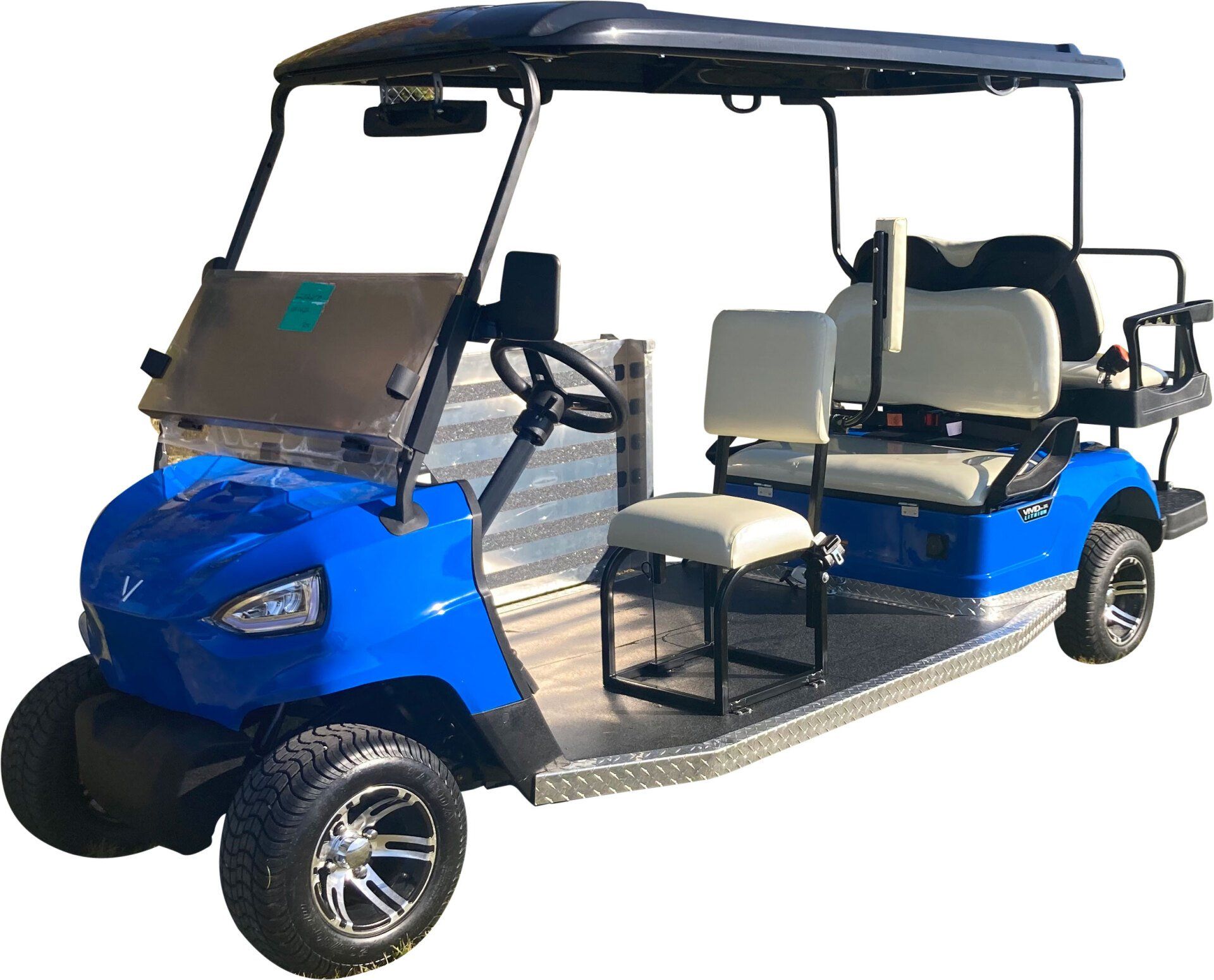 A blue golf cart with white seats on a white background.