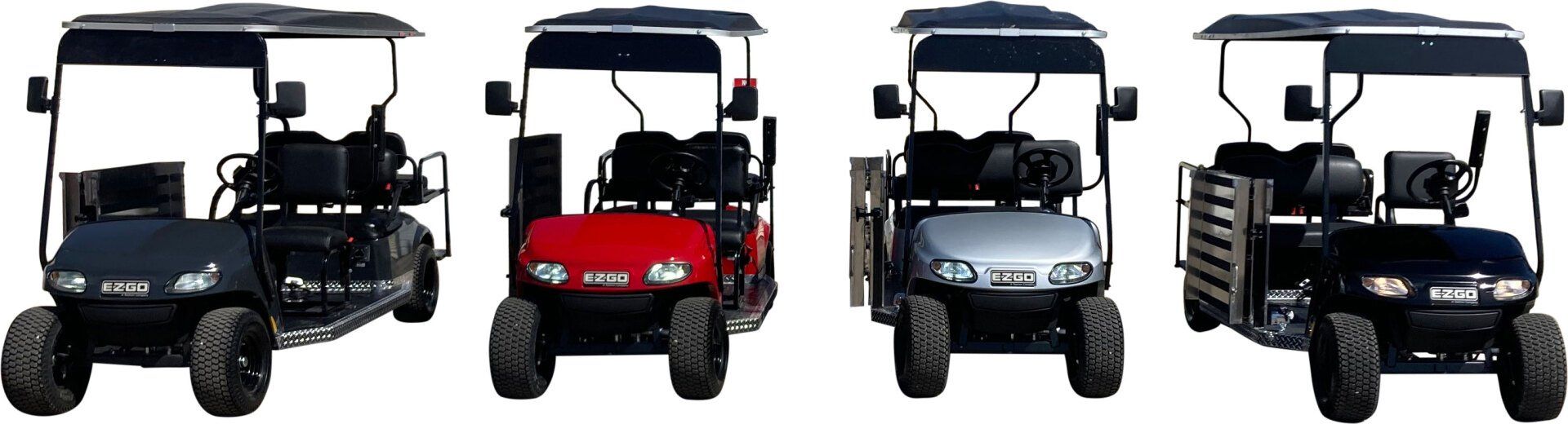 Four golf carts are lined up in a row on a white background.