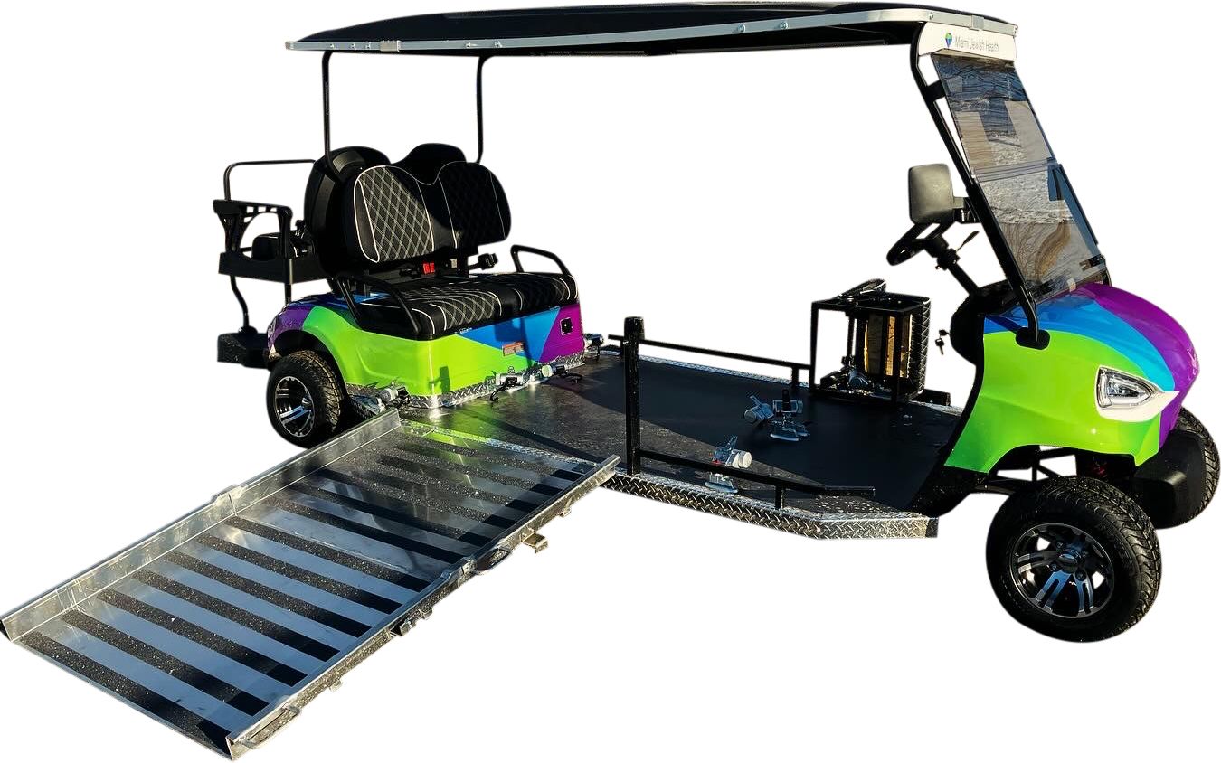 A colorful golf cart with a ramp attached to it.