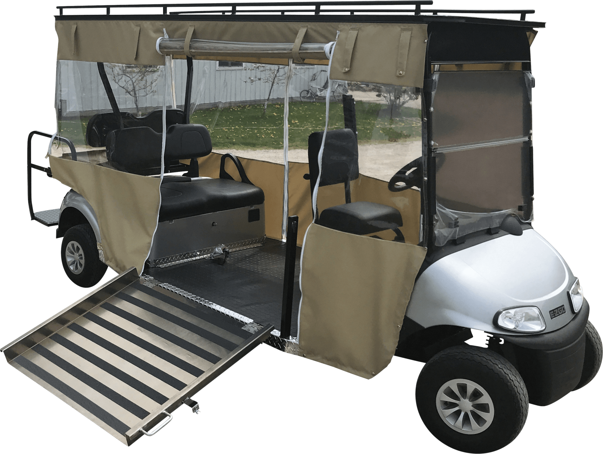 A silver wheelchair golf cart from PHED Mobility with weather shields