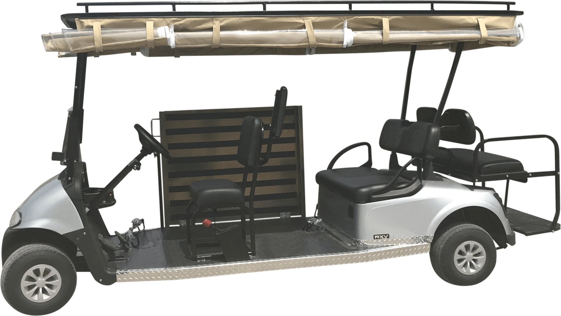 A silver wheelchair golf cart from PHED Mobility with weather shields rolled up - EZGO Valor