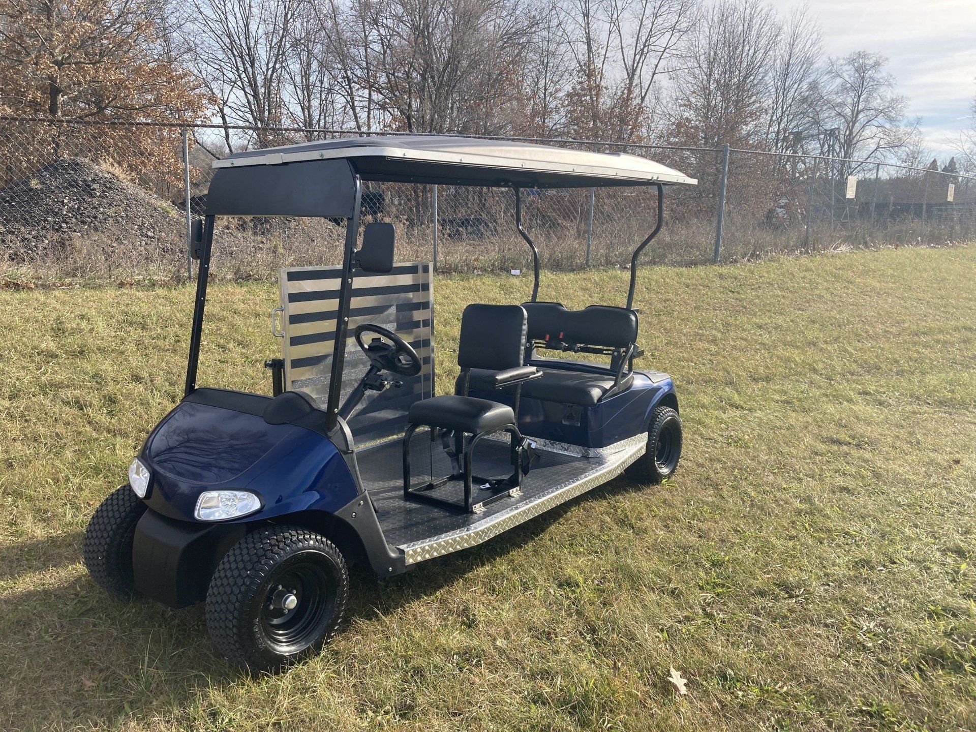 A blue golf cart is parked in a grassy field.