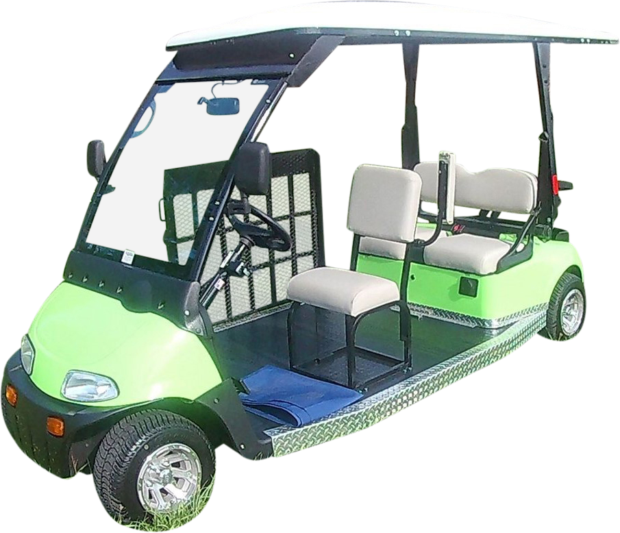 A green golf cart with white seats on a white background