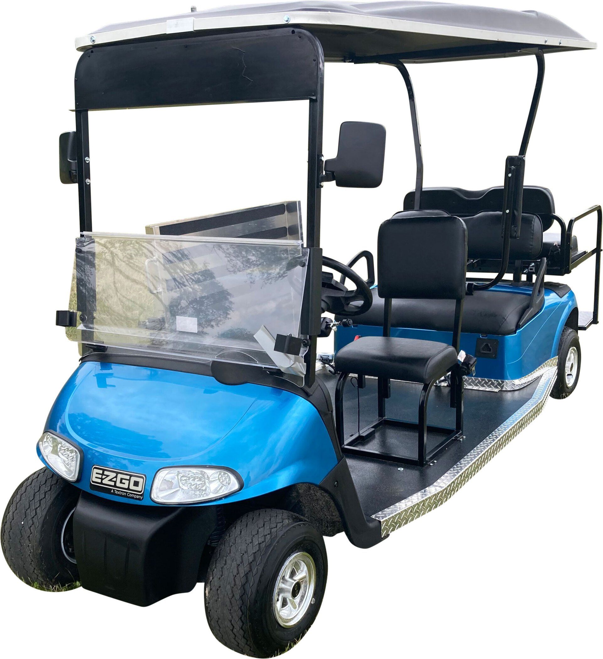A blue golf cart with a black roof on a white background.