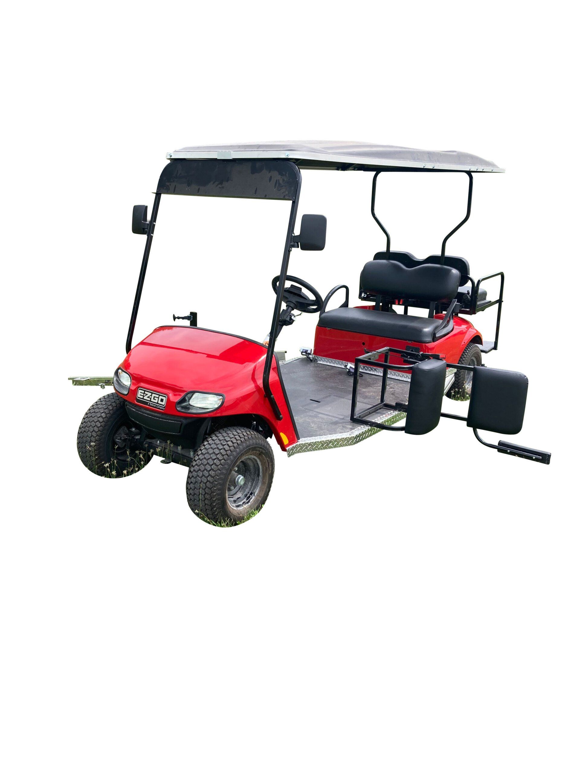 PHED Mobility wheelchair golf cart with the standard fold out driver seat - red