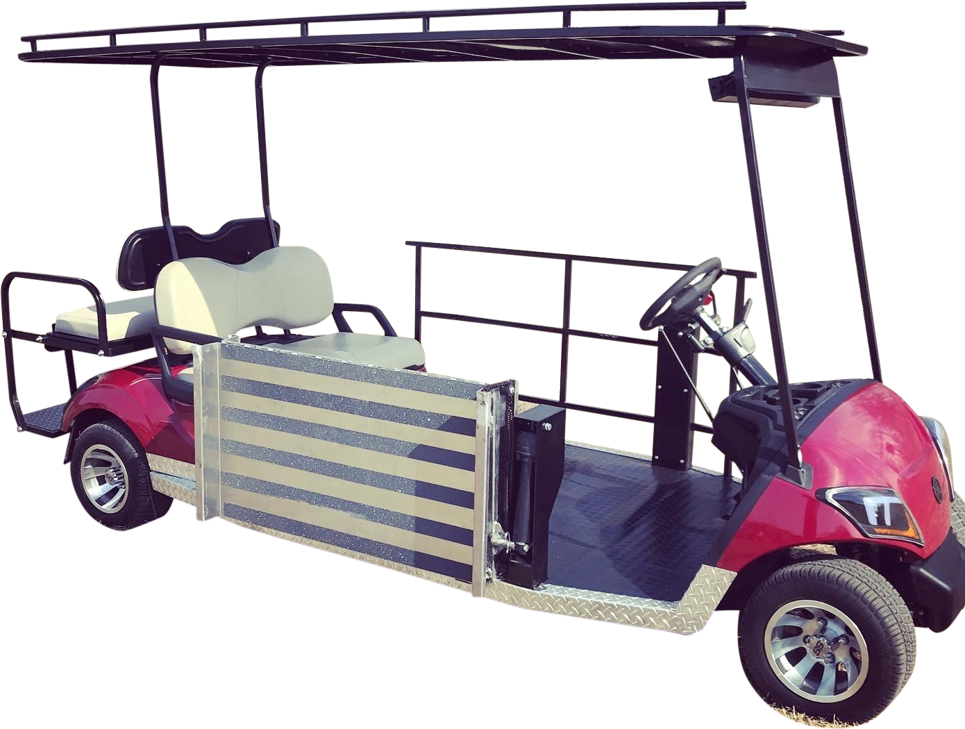 A red golf cart with a ladder on top of it.