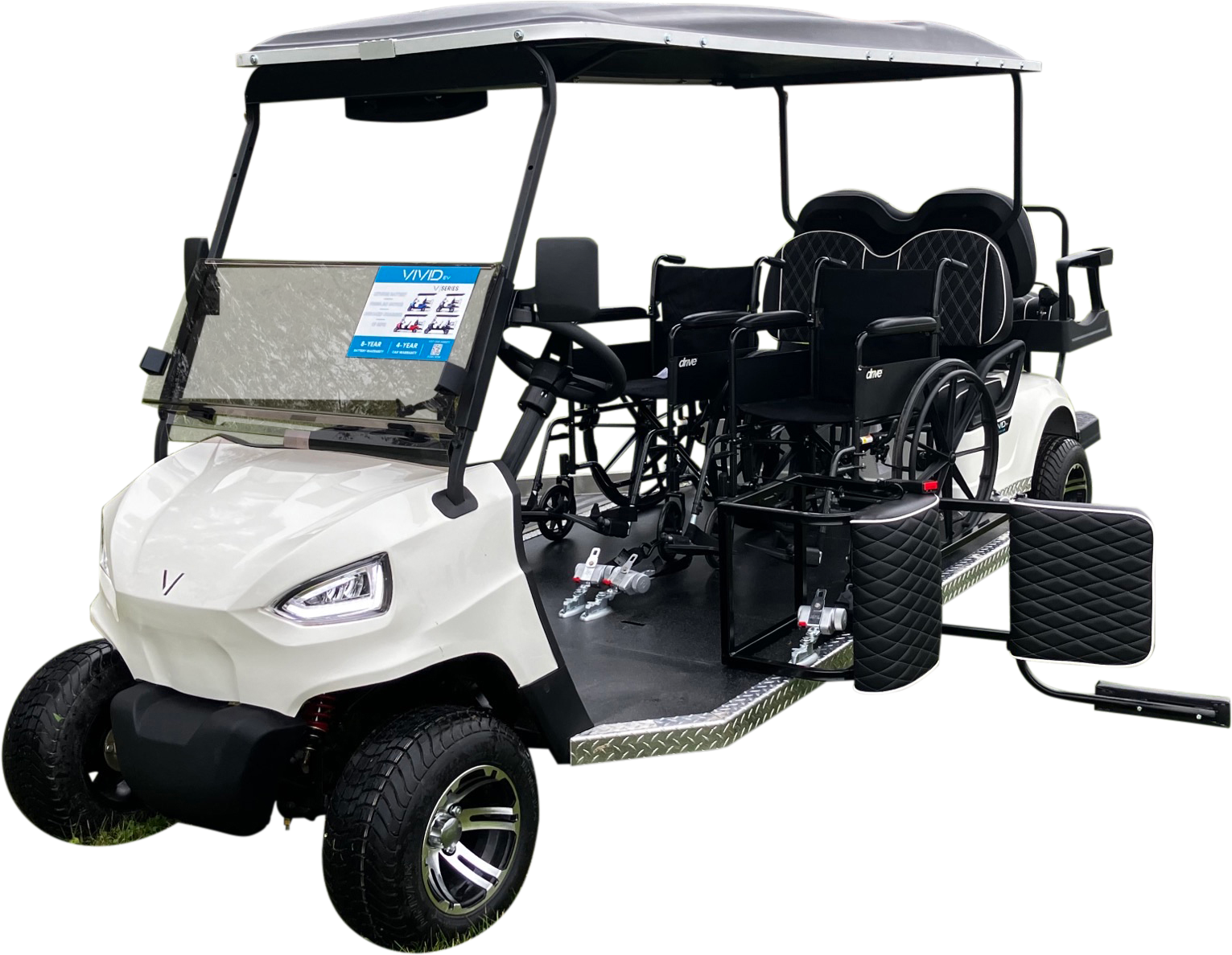 Side view of an white, electric wheelchair golf cart from PHED Mobility