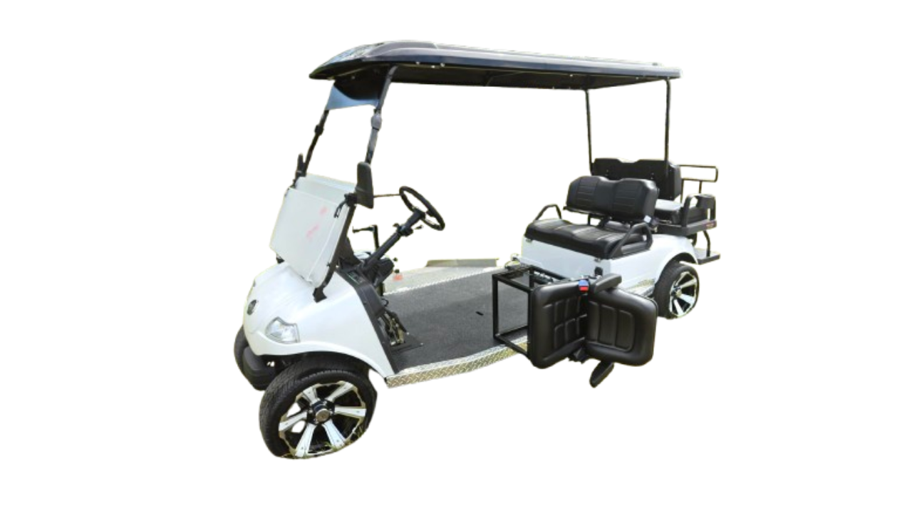 A white golf cart with a black canopy on a white background.