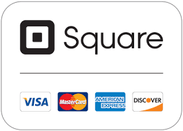 A square logo with visa , mastercard , american express and discover logos