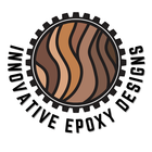 Logo of Innovative Epoxy Designs, featuring a wood-grain design inside a gear-shaped border, with company name.