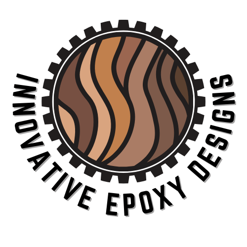 Logo of Innovative Epoxy Designs, featuring a wood-grain design inside a gear-shaped border, with company name.