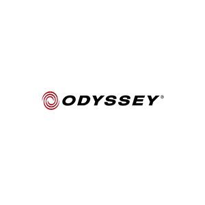 Odyssey golf logo with red spiral and black text.